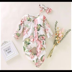 Baby floral footed romper + matching ribbon bow